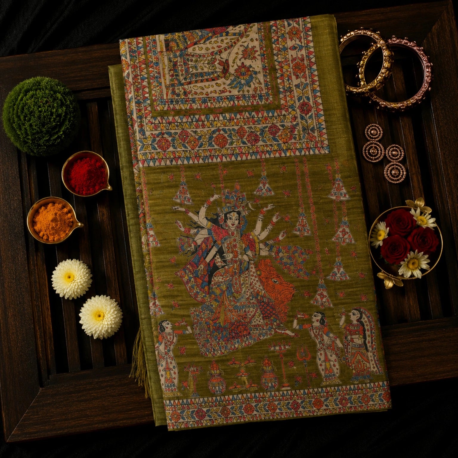 Olive Green Ghicha Tussar Saree with Madhubani Durga Artwork and Traditional Folk Border