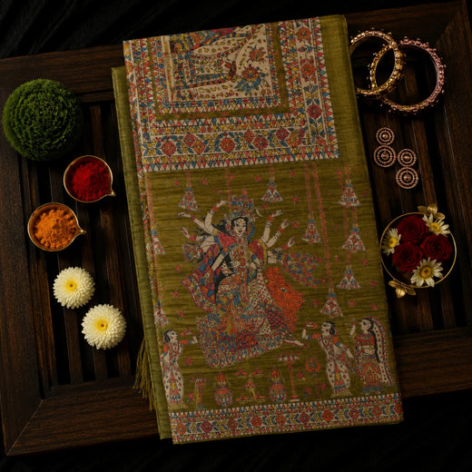 Olive Green Ghicha Tussar Saree with Madhubani Durga Artwork and Traditional Folk Border