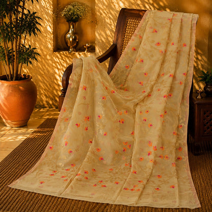 Cream Muslin Jamdani Saree with Floral Buti Weaving and Soft Pastel Border
