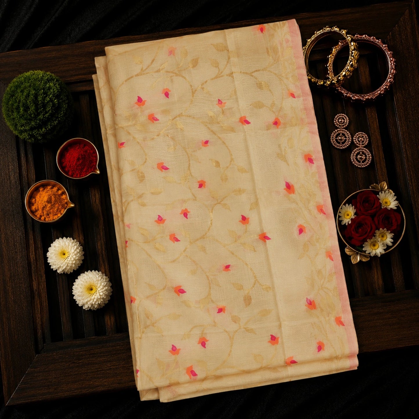 Cream Muslin Jamdani Saree with Floral Buti Weaving and Soft Pastel Border