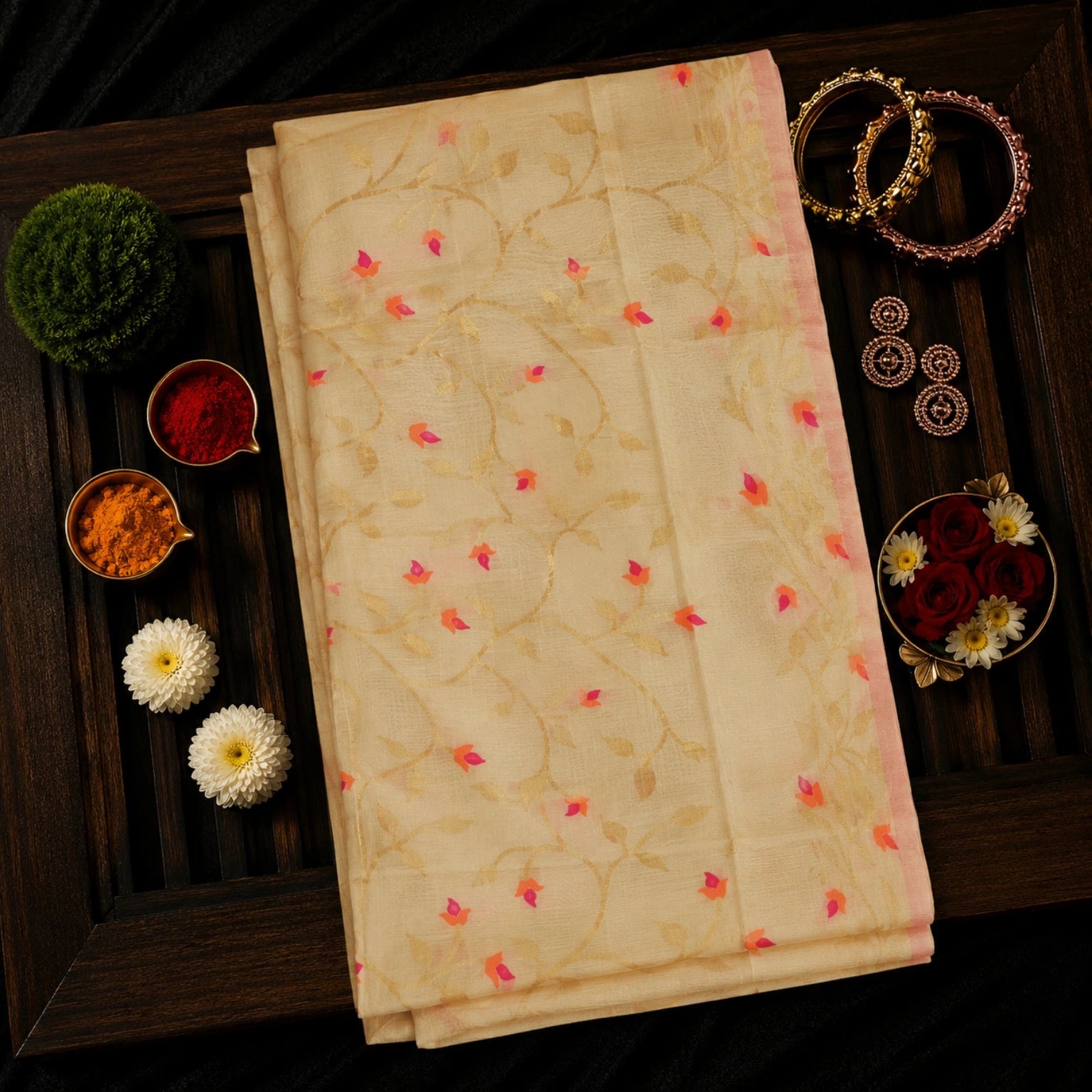Cream Muslin Jamdani Saree with Floral Buti Weaving and Soft Pastel Border