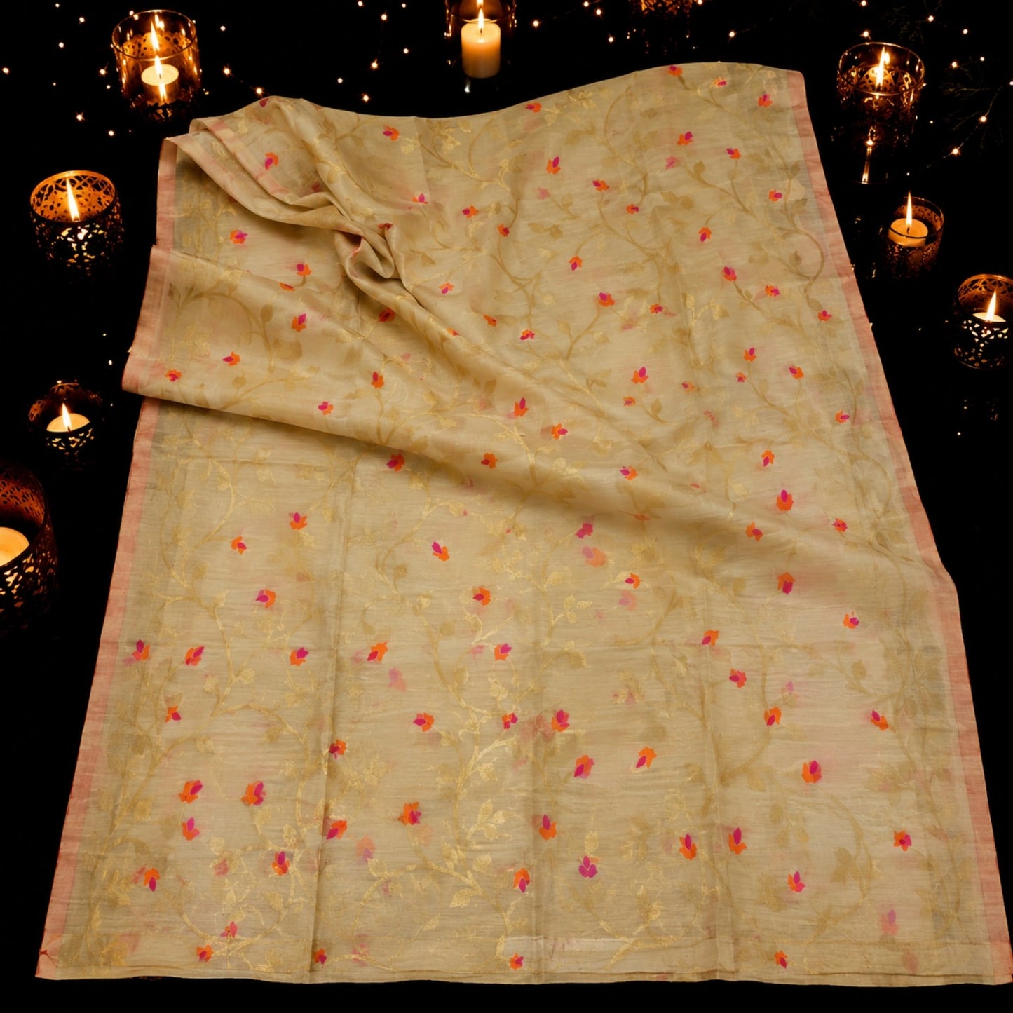 Cream Muslin Jamdani Saree with Floral Buti Weaving and Soft Pastel Border