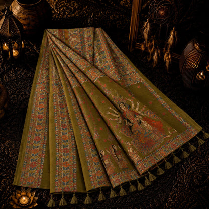 Olive Green Ghicha Tussar Saree with Madhubani Durga Artwork and Traditional Folk Border