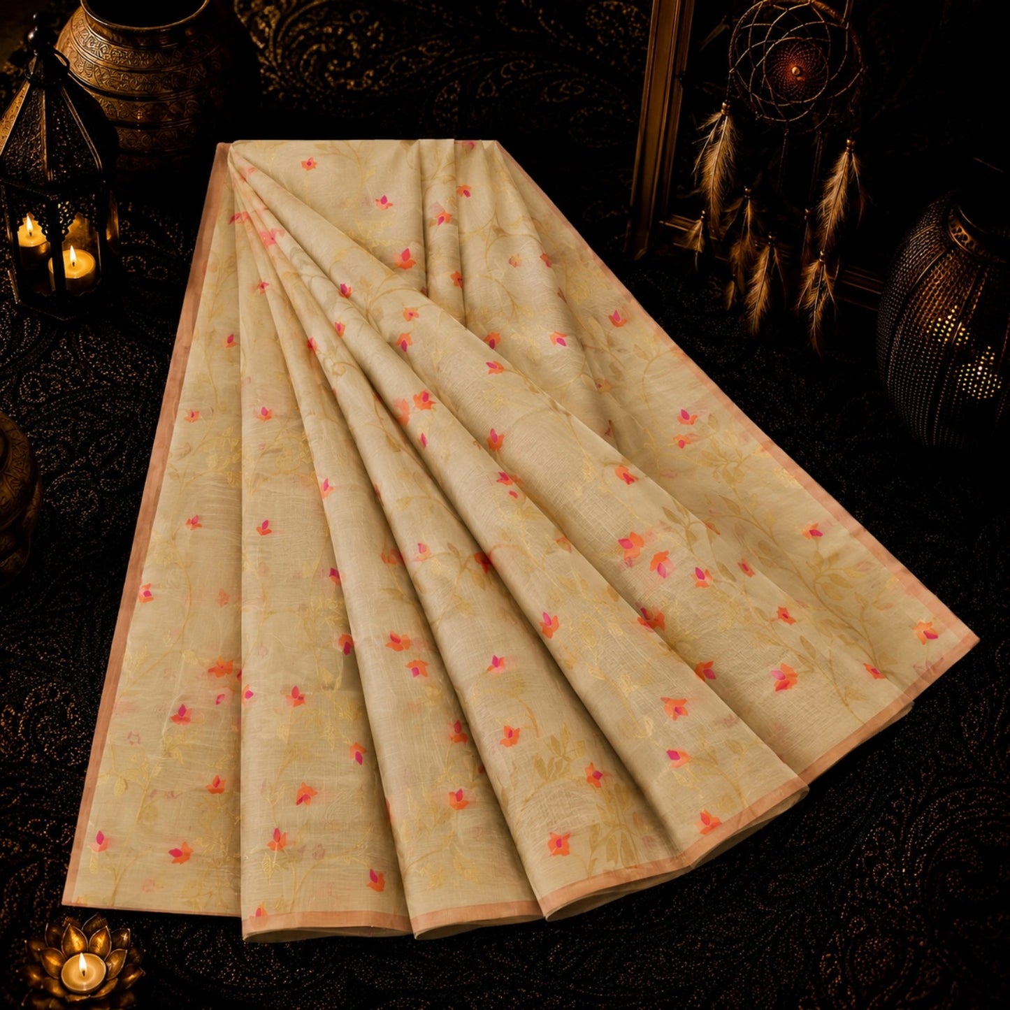 Cream Muslin Jamdani Saree with Floral Buti Weaving and Soft Pastel Border
