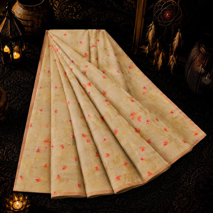 Cream Muslin Jamdani Saree with Floral Buti Weaving and Soft Pastel Border
