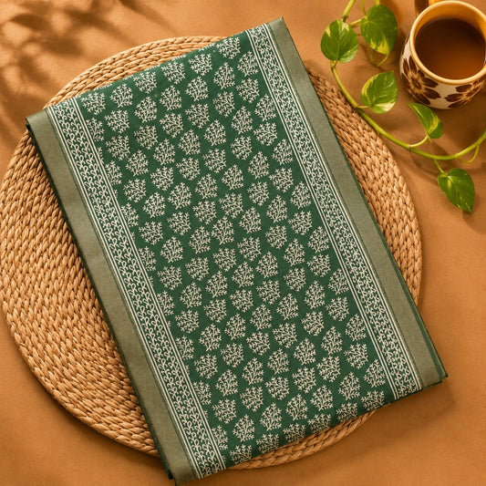Sage Green Maheshwari Saree with White Floral Buti Print and Traditional Border