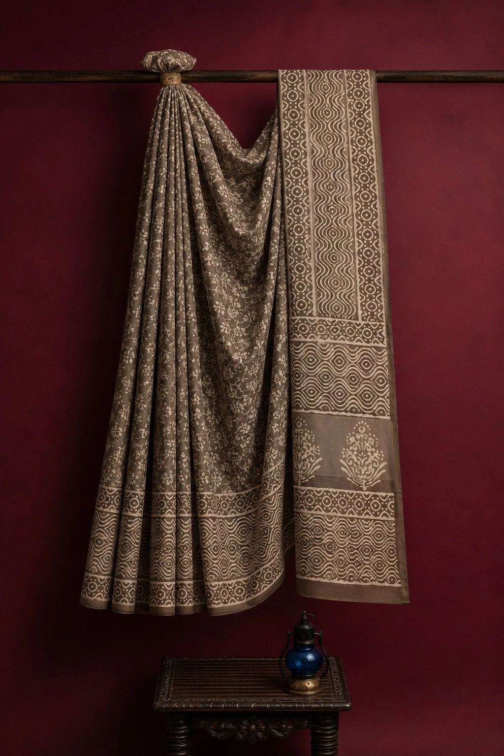 Taupe Brown Linen Bagru Print Saree with Hand Block Floral Motifs and Geometric Printed Pallu