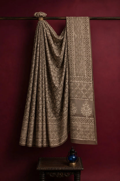 Taupe Brown Linen Bagru Print Saree with Hand Block Floral Motifs and Geometric Printed Pallu