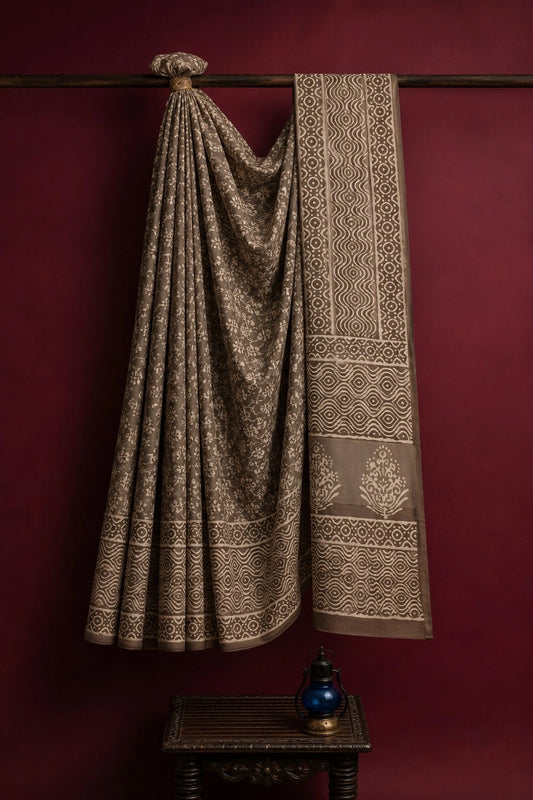 Taupe Brown Linen Bagru Print Saree with Hand Block Floral Motifs and Geometric Printed Pallu