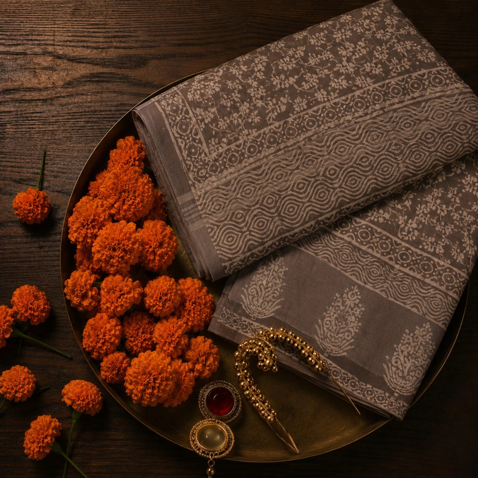 Taupe Brown Linen Bagru Print Saree with Hand Block Floral Motifs and Geometric Printed Pallu