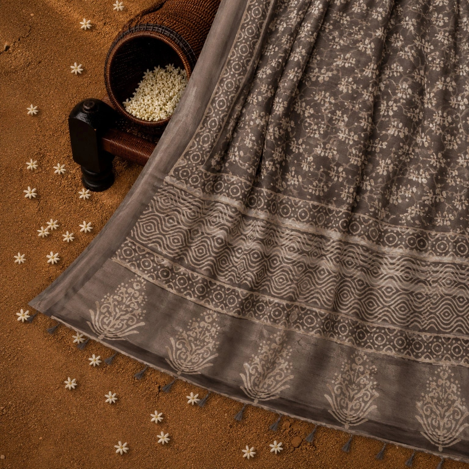 Taupe Brown Linen Bagru Print Saree with Hand Block Floral Motifs and Geometric Printed Pallu