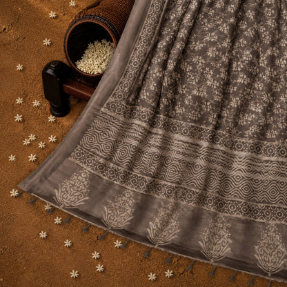 Taupe Brown Linen Bagru Print Saree with Hand Block Floral Motifs and Geometric Printed Pallu
