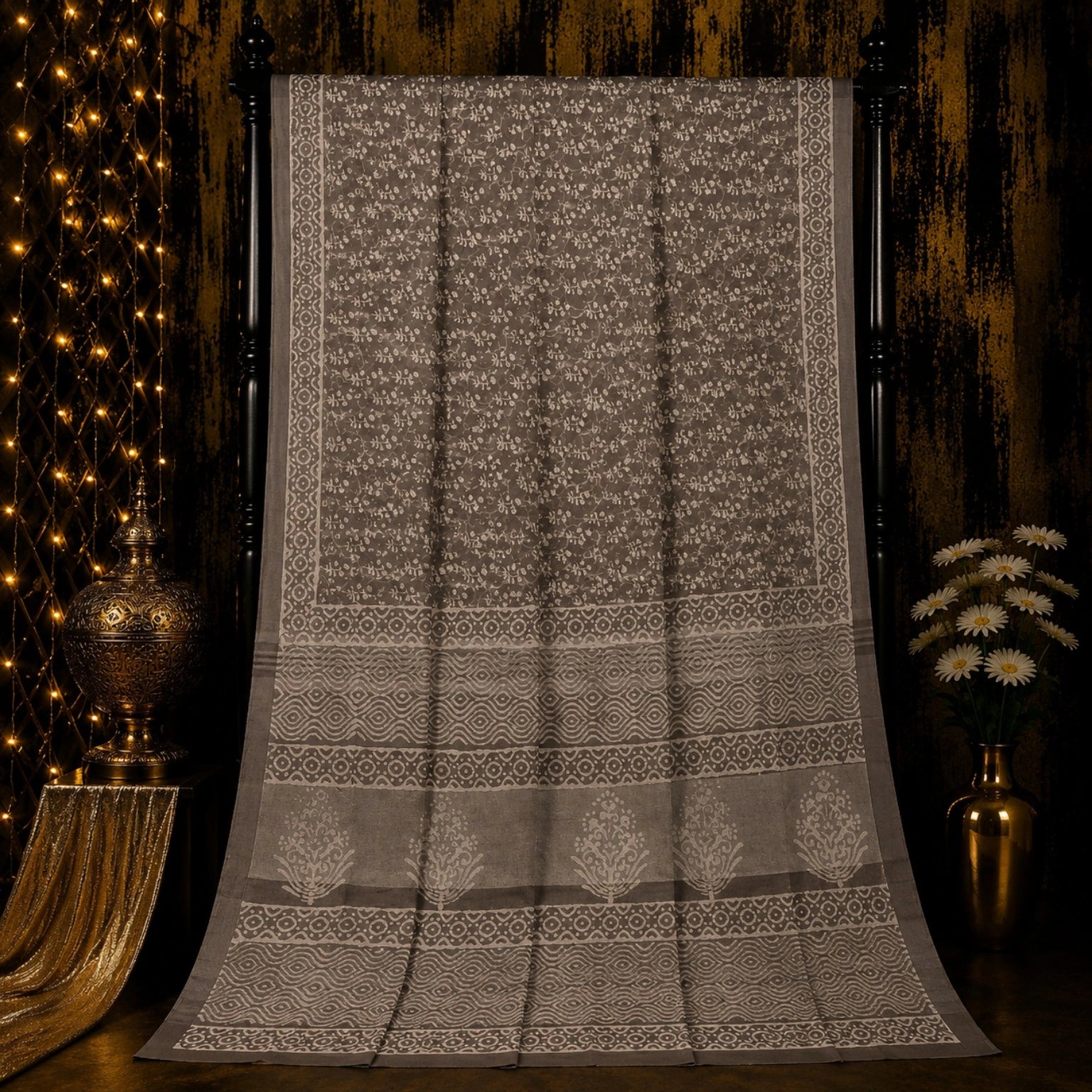 Taupe Brown Linen Bagru Print Saree with Hand Block Floral Motifs and Geometric Printed Pallu