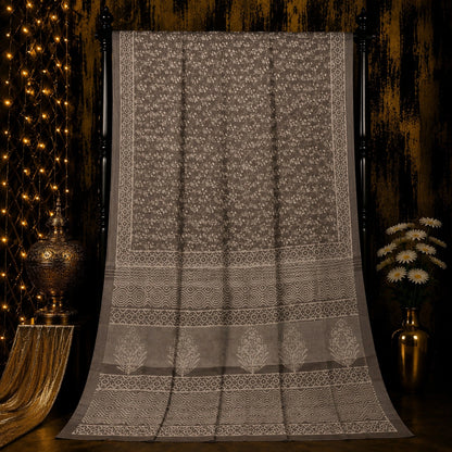 Taupe Brown Linen Bagru Print Saree with Hand Block Floral Motifs and Geometric Printed Pallu