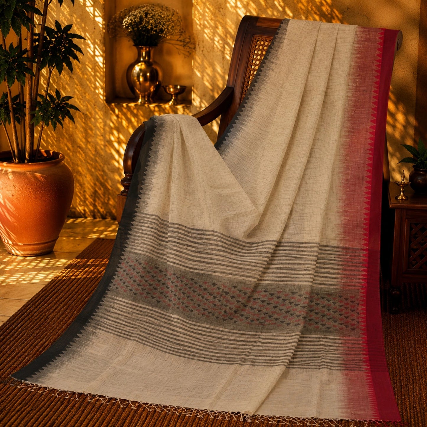 Off White Cotton Weaving Saree with Charcoal Striped Pallu and Red Temple Border