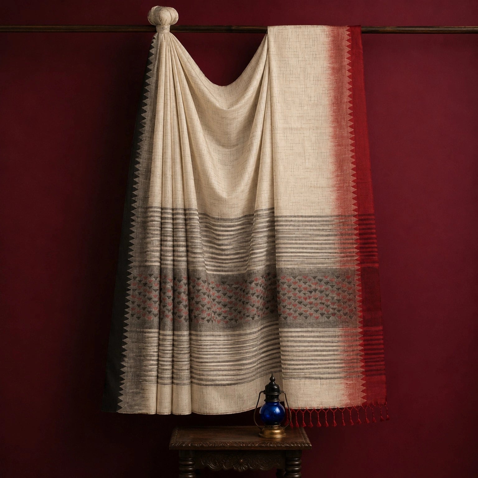 Off White Cotton Weaving Saree with Charcoal Striped Pallu and Red Temple Border
