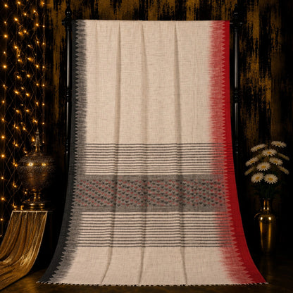 Off White Cotton Weaving Saree with Charcoal Striped Pallu and Red Temple Border