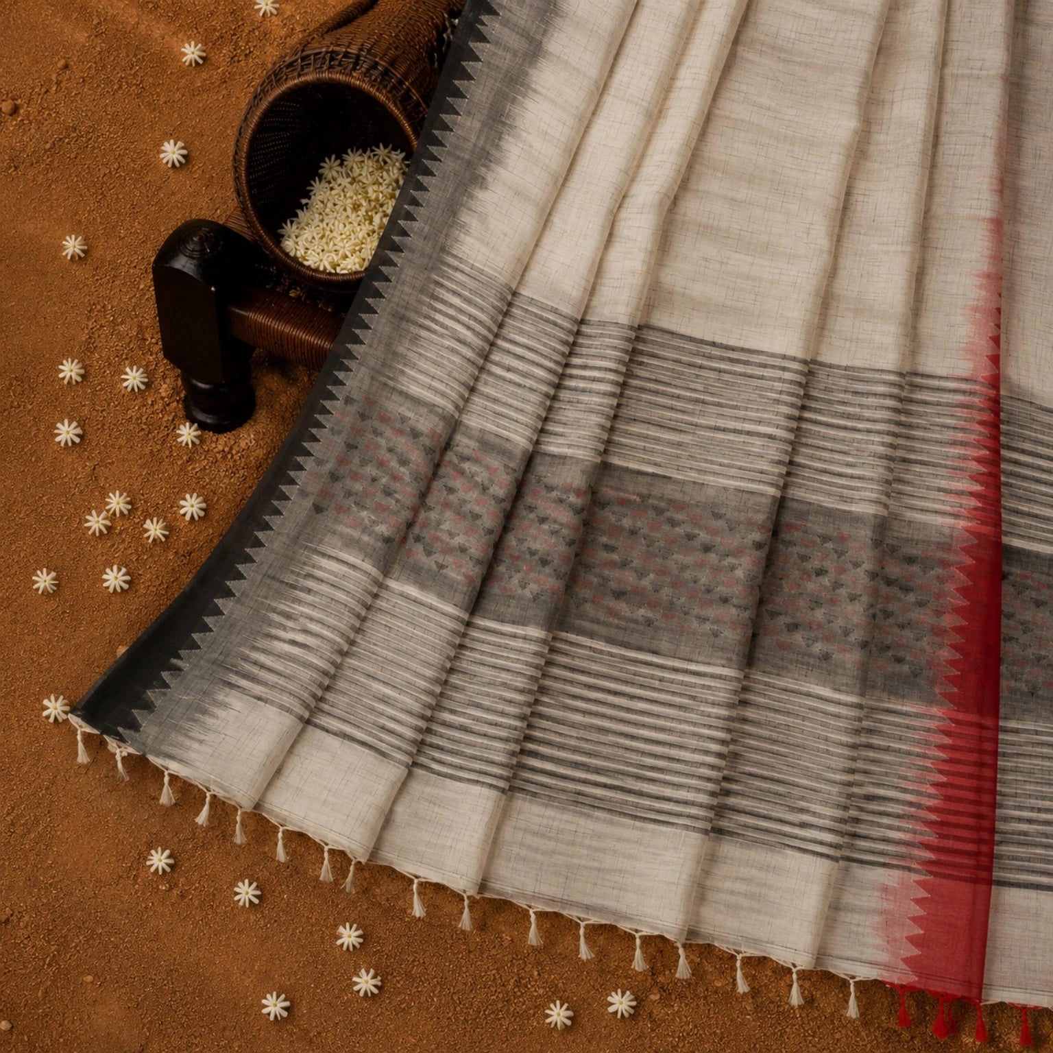 Off White Cotton Weaving Saree with Charcoal Striped Pallu and Red Temple Border