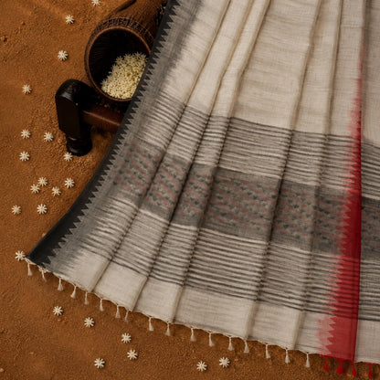 Off White Cotton Weaving Saree with Charcoal Striped Pallu and Red Temple Border