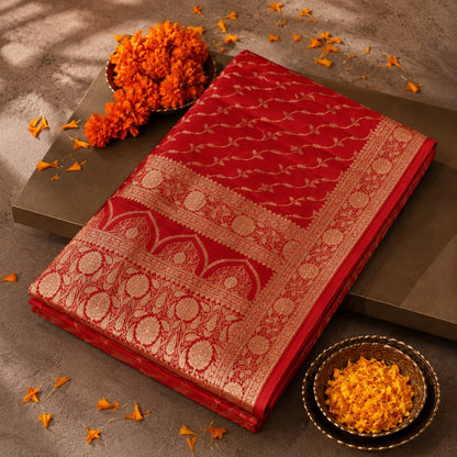 Red Pure Katan Banarasi Saree with Gold Zari Floral Vine Weaving & Ornate Traditional Border