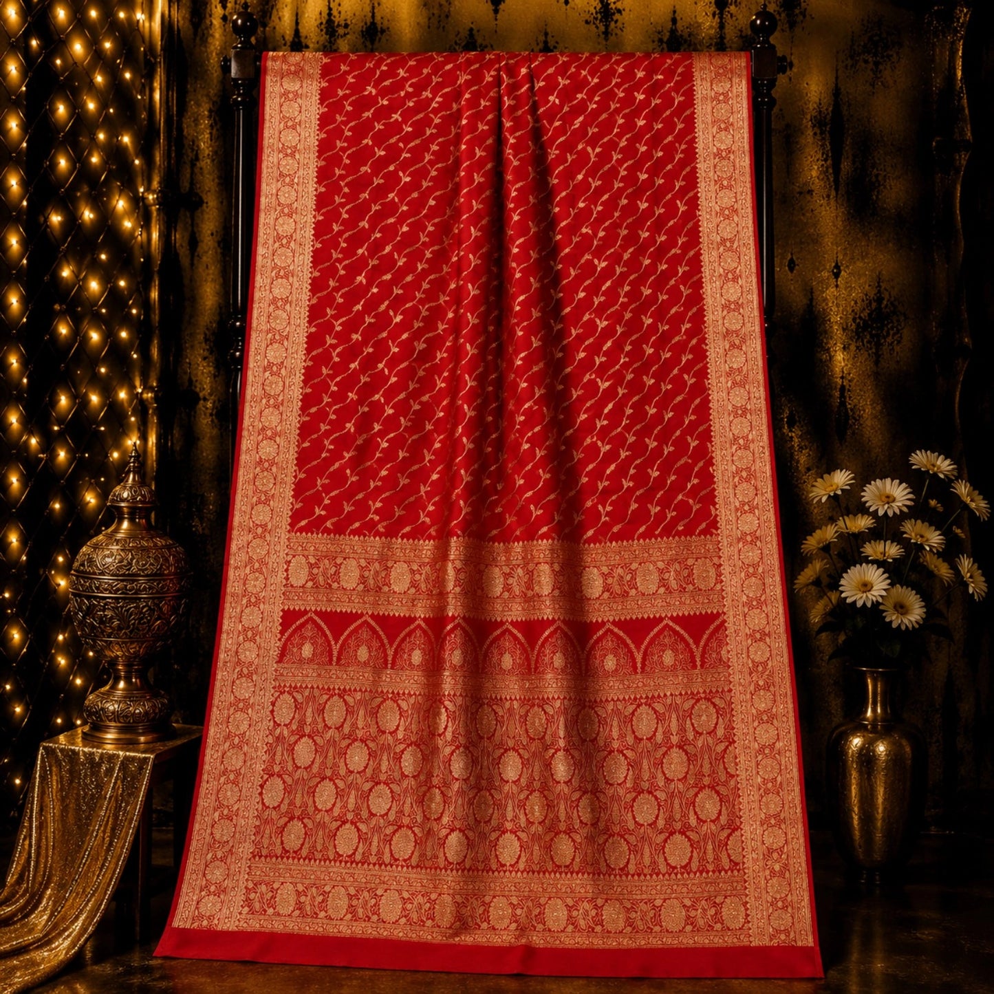 Red Pure Katan Banarasi Saree with Gold Zari Floral Vine Weaving & Ornate Traditional Border