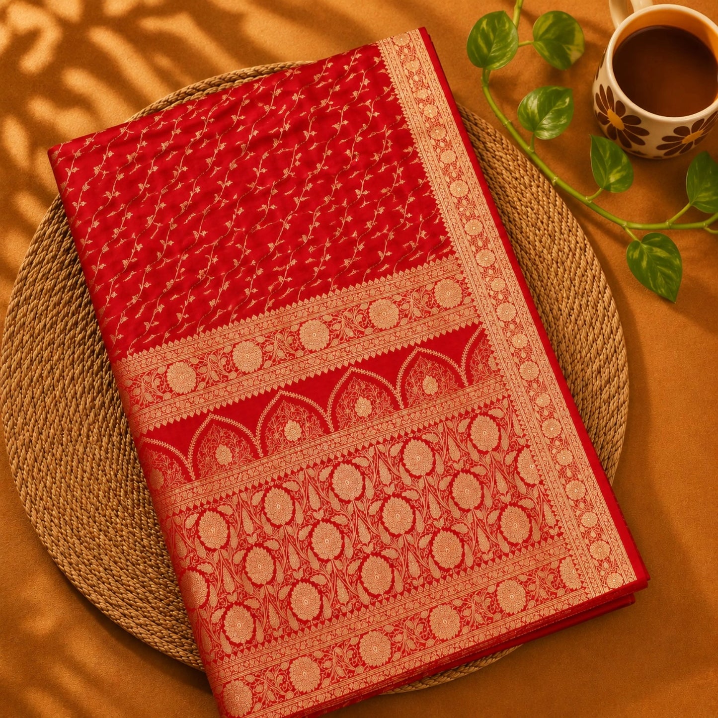 Red Pure Katan Banarasi Saree with Gold Zari Floral Vine Weaving & Ornate Traditional Border