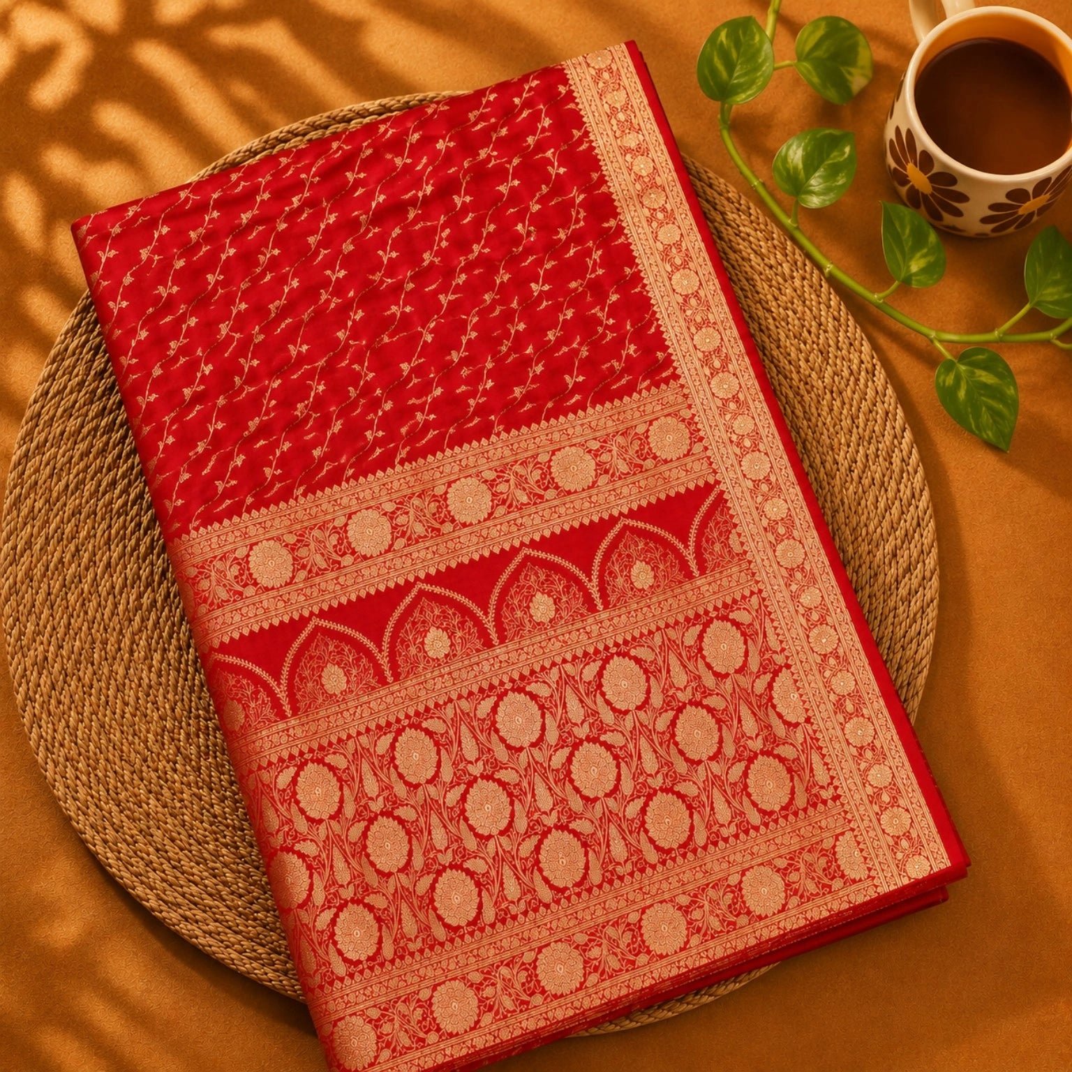Red Pure Katan Banarasi Saree with Gold Zari Floral Vine Weaving & Ornate Traditional Border