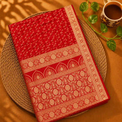 Red Pure Katan Banarasi Saree with Gold Zari Floral Vine Weaving & Ornate Traditional Border