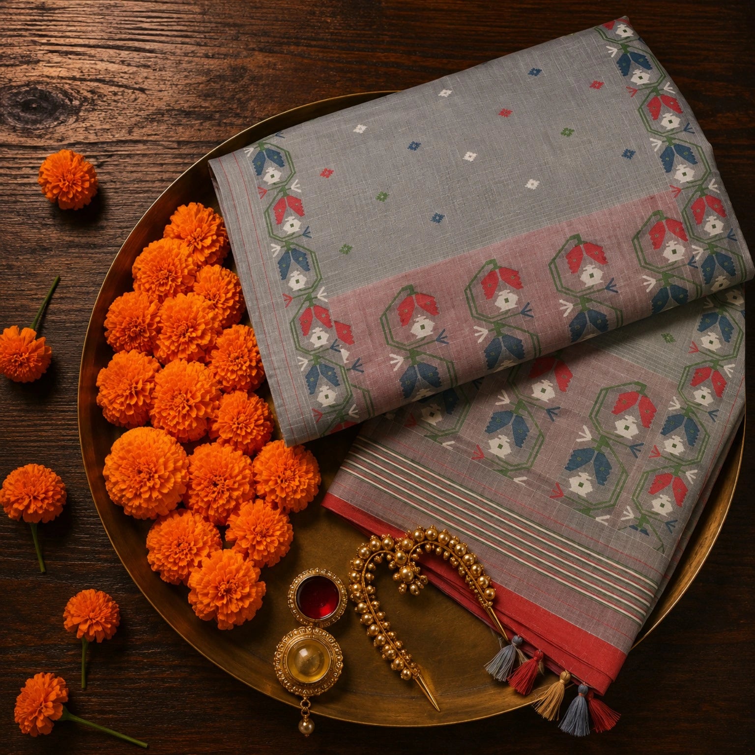 Grey Silk Jamdani Saree with Multicolor Floral Temple Border and Woven Buti Design