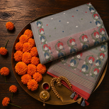 Grey Silk Jamdani Saree with Multicolor Floral Temple Border and Woven Buti Design