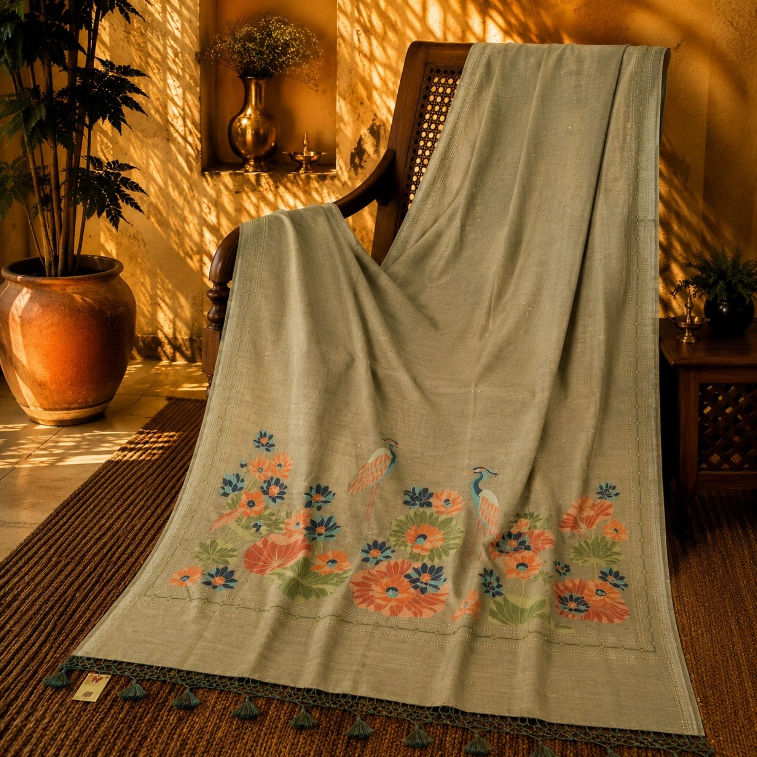 Sage Green Tussar Boutique Saree with Floral Garden & Heron Artistic Pallu