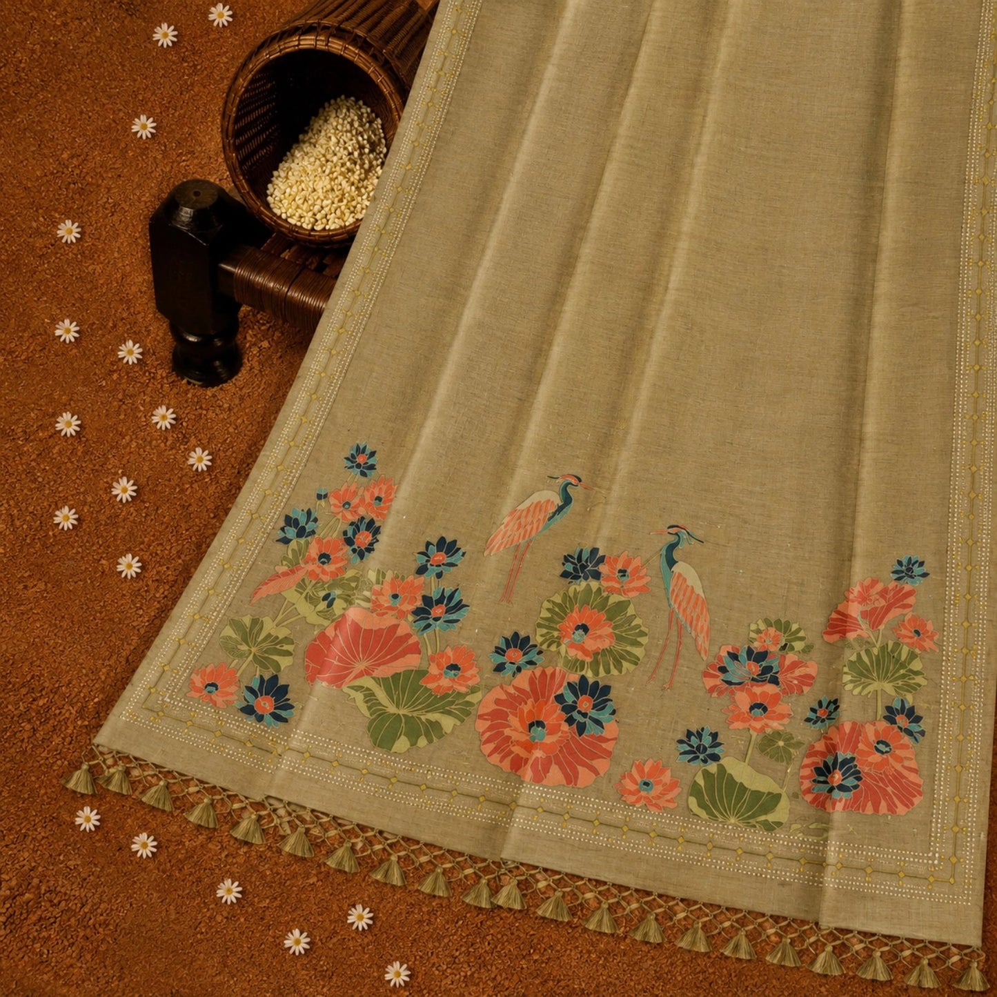 Sage Green Tussar Boutique Saree with Floral Garden & Heron Artistic Pallu