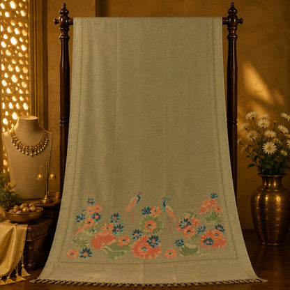 Sage Green Tussar Boutique Saree with Floral Garden & Heron Artistic Pallu