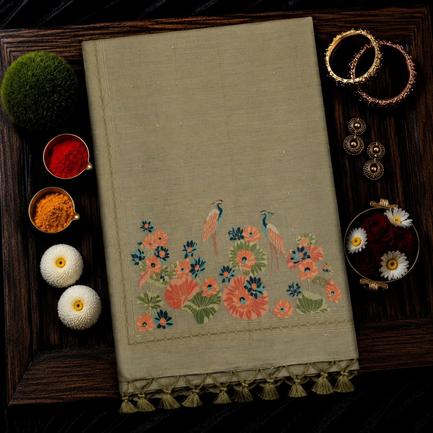 Sage Green Tussar Boutique Saree with Floral Garden & Heron Artistic Pallu