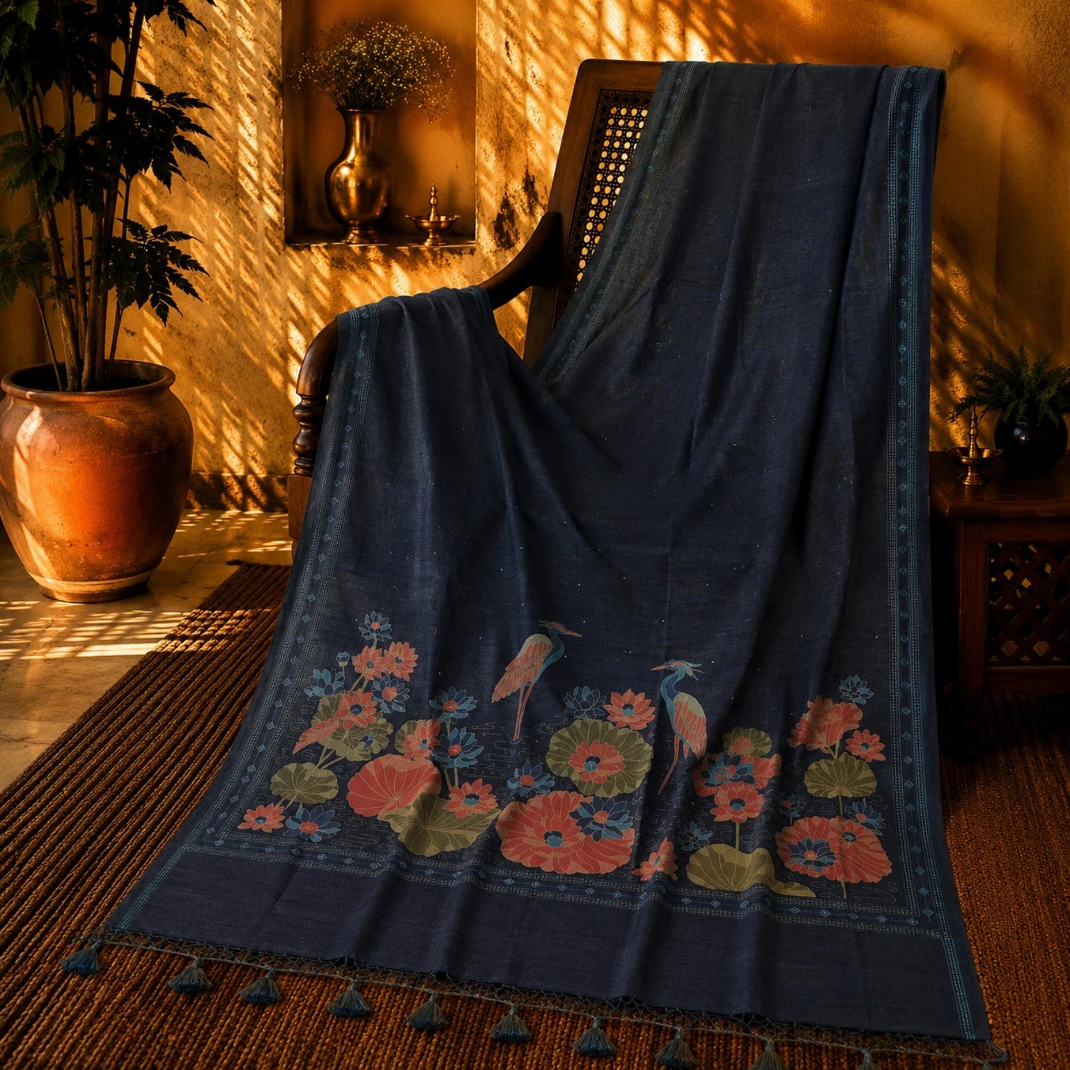 Navy Blue Tussar Boutique Saree with Lotus Pond & Heron Nature Artwork Border