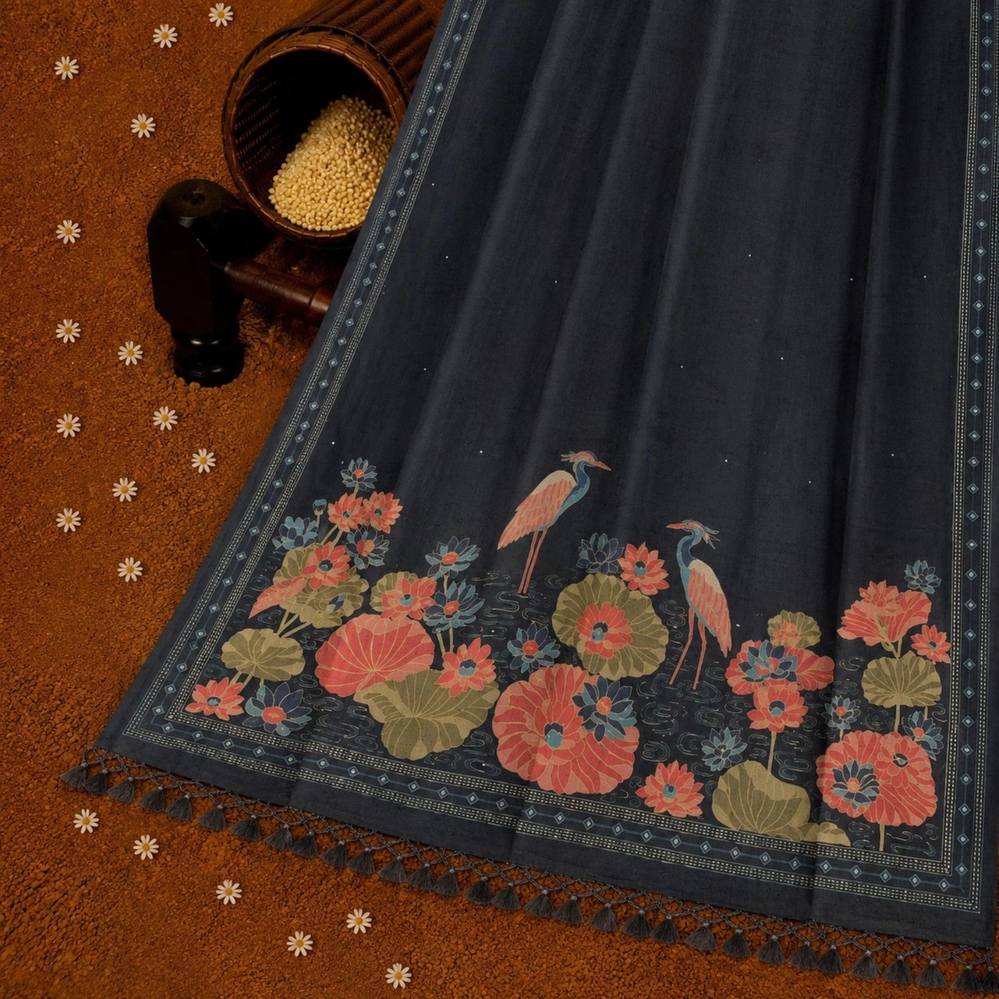 Navy Blue Tussar Boutique Saree with Lotus Pond & Heron Nature Artwork Border