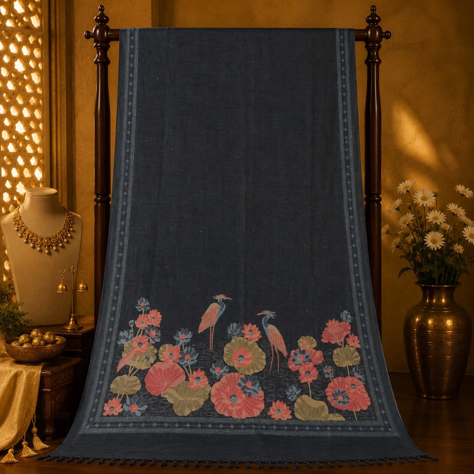 Navy Blue Tussar Boutique Saree with Lotus Pond & Heron Nature Artwork Border