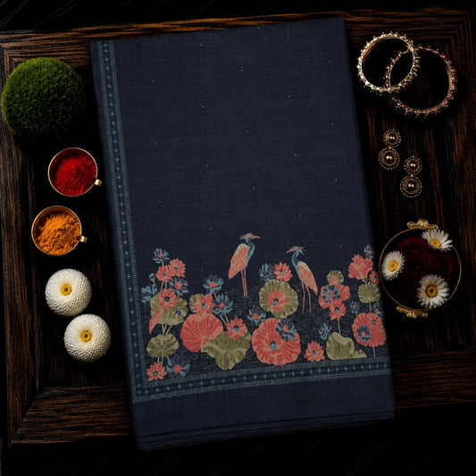 Navy Blue Tussar Boutique Saree with Lotus Pond & Heron Nature Artwork Border