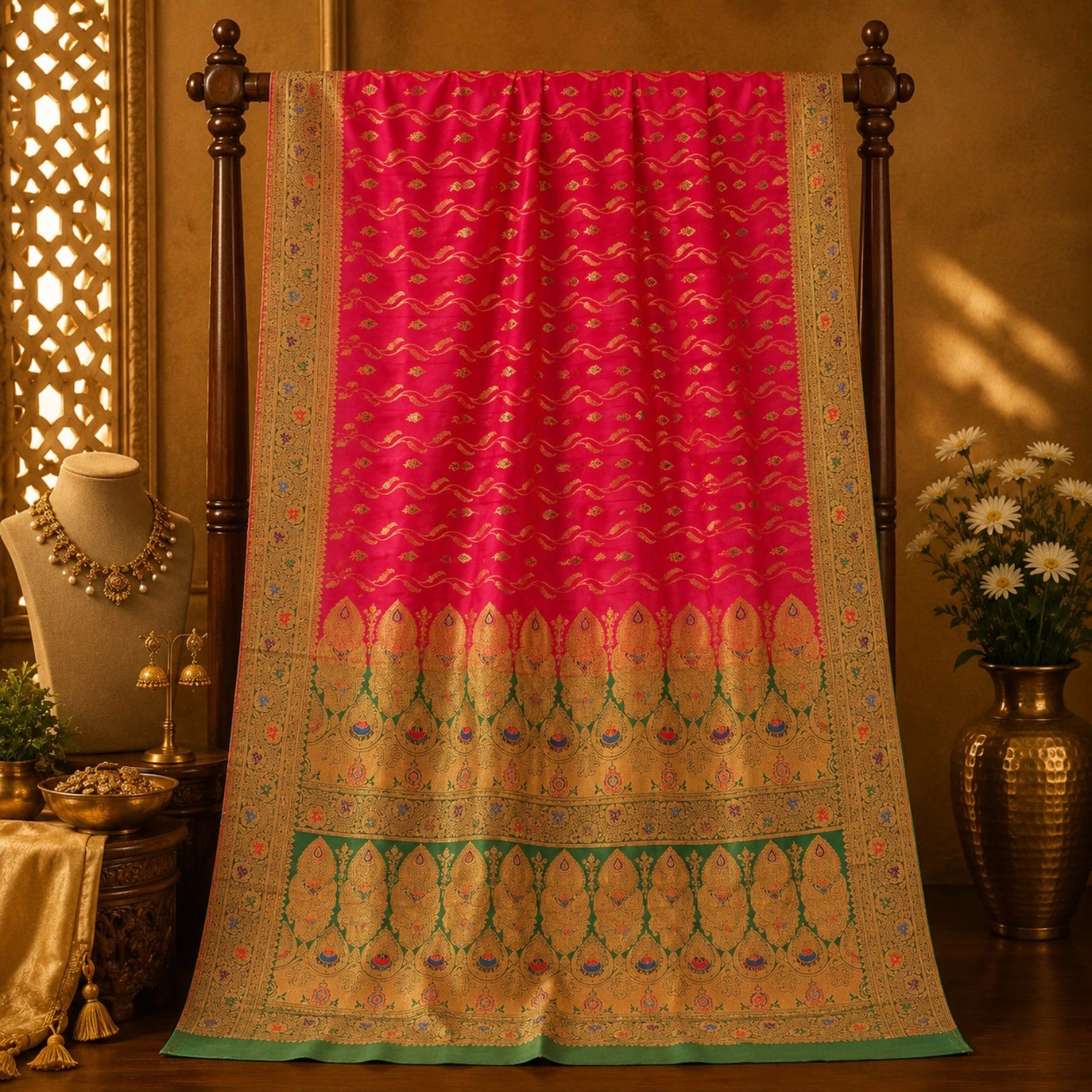 Rani Pink Semi Katan Jaal Work Saree with Gold Zari Floral Border & Ornate Traditional Pallu