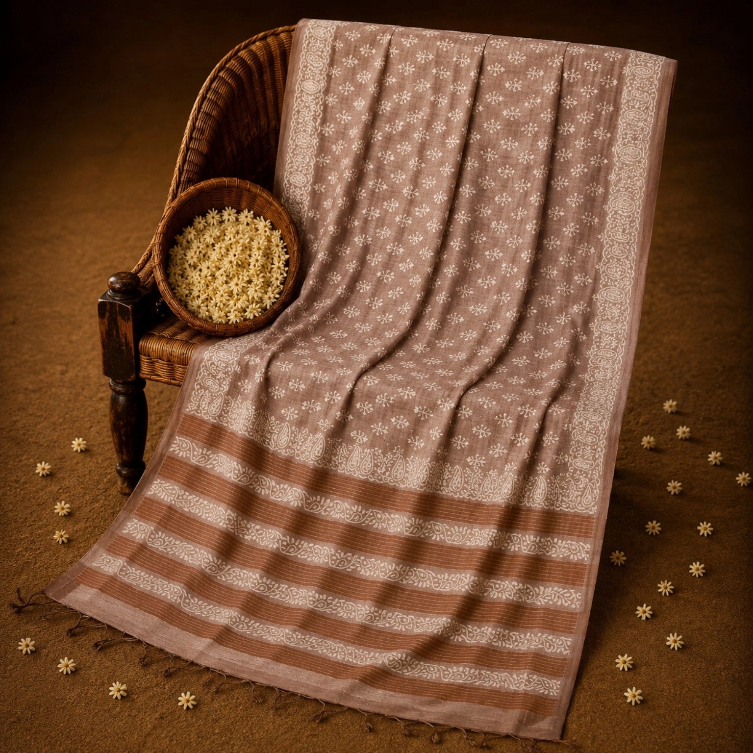 Taupe Brown Tussar Batik Saree with White Floral Batik Motifs and Paisley Border
