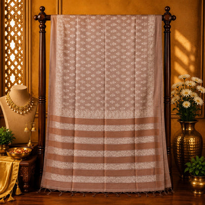 Taupe Brown Tussar Batik Saree with White Floral Batik Motifs and Paisley Border