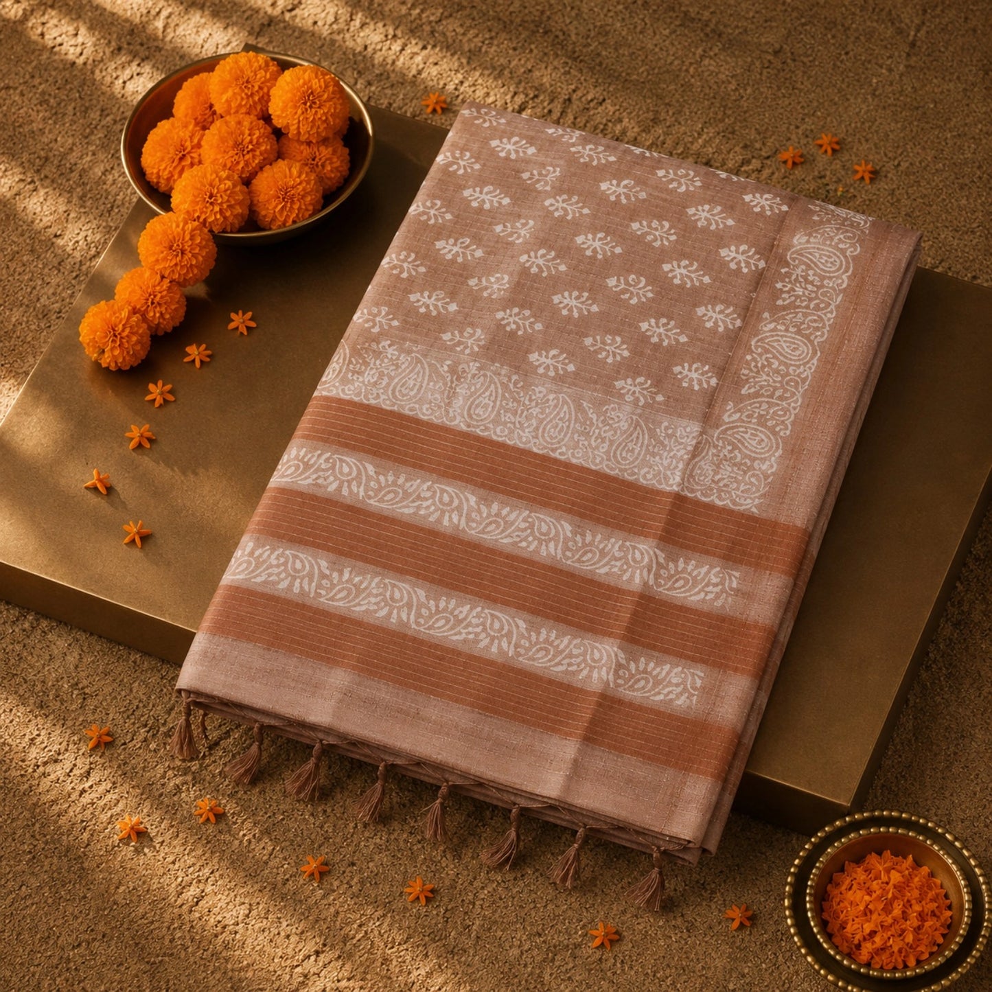 Taupe Brown Tussar Batik Saree with White Floral Batik Motifs and Paisley Border