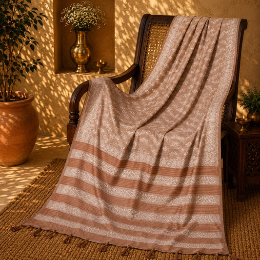 Taupe Brown Tussar Batik Saree with White Floral Batik Motifs and Paisley Border