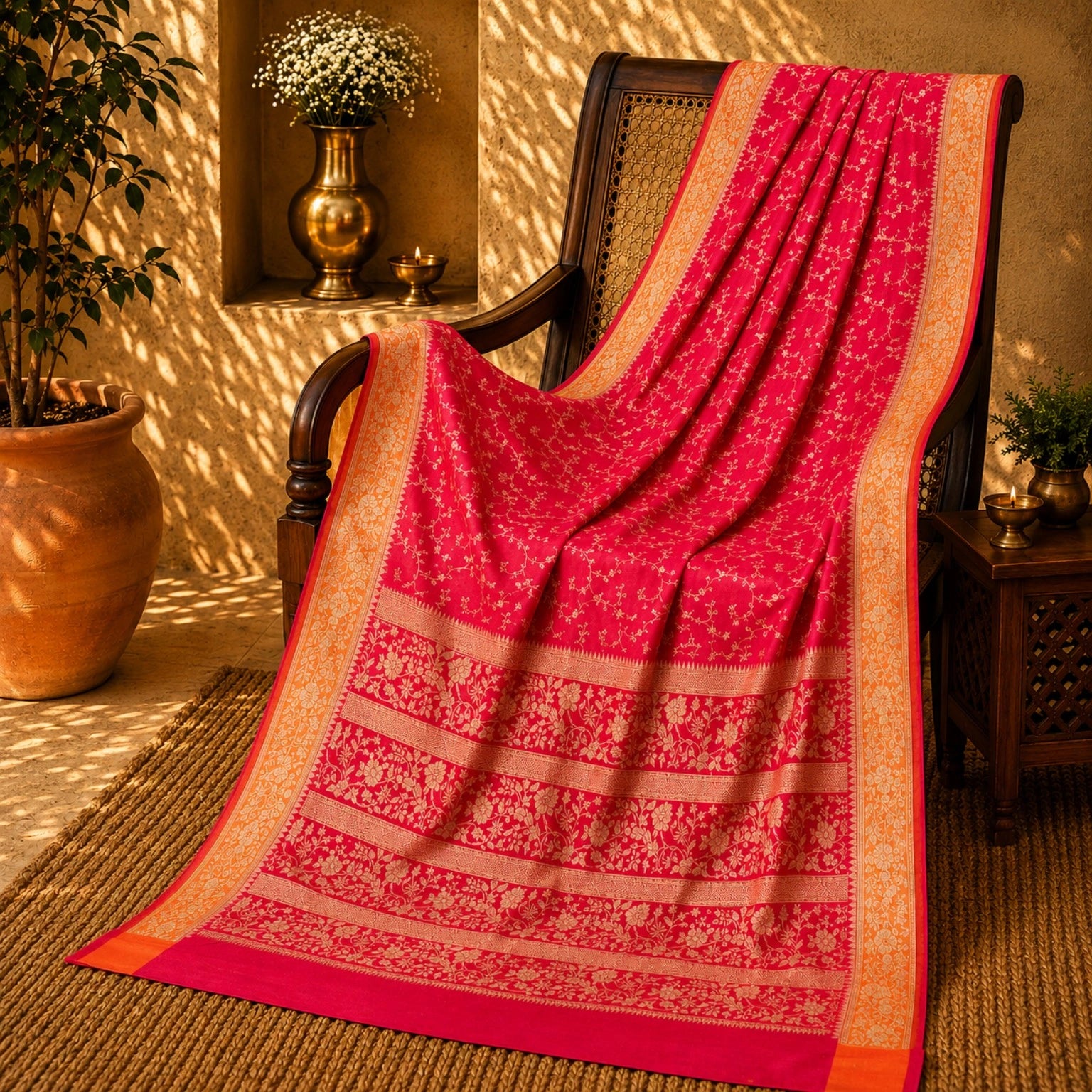 Red  Matka Khaddi Banarasi Saree with Gold Floral Vine Weaving & Ornate Zari Border