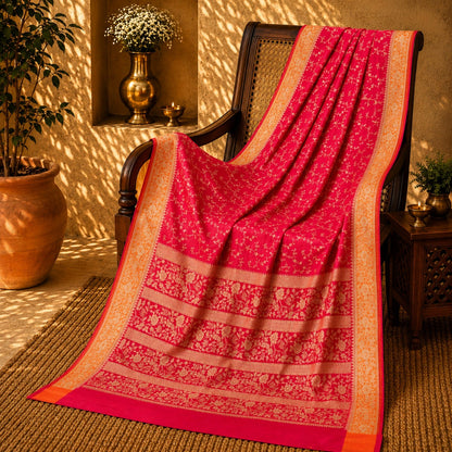 Red  Matka Khaddi Banarasi Saree with Gold Floral Vine Weaving & Ornate Zari Border
