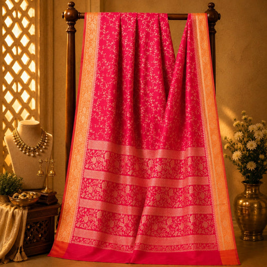 Red  Matka Khaddi Banarasi Saree with Gold Floral Vine Weaving & Ornate Zari Border
