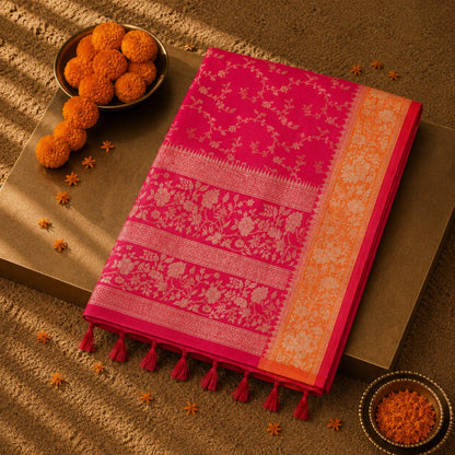 Red  Matka Khaddi Banarasi Saree with Gold Floral Vine Weaving & Ornate Zari Border