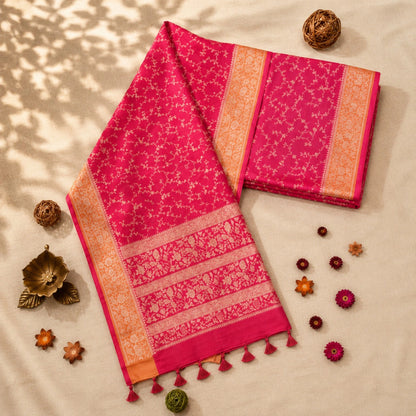 Red  Matka Khaddi Banarasi Saree with Gold Floral Vine Weaving & Ornate Zari Border