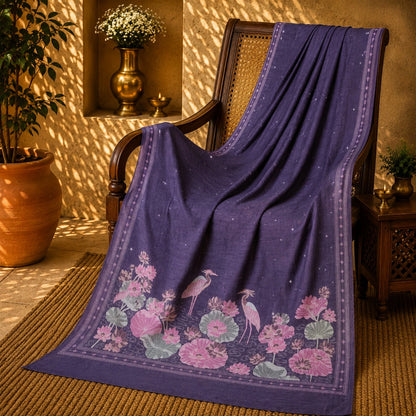 Purple Tussar Boutique Saree with Lotus Pond & Heron Floral Artistic Border