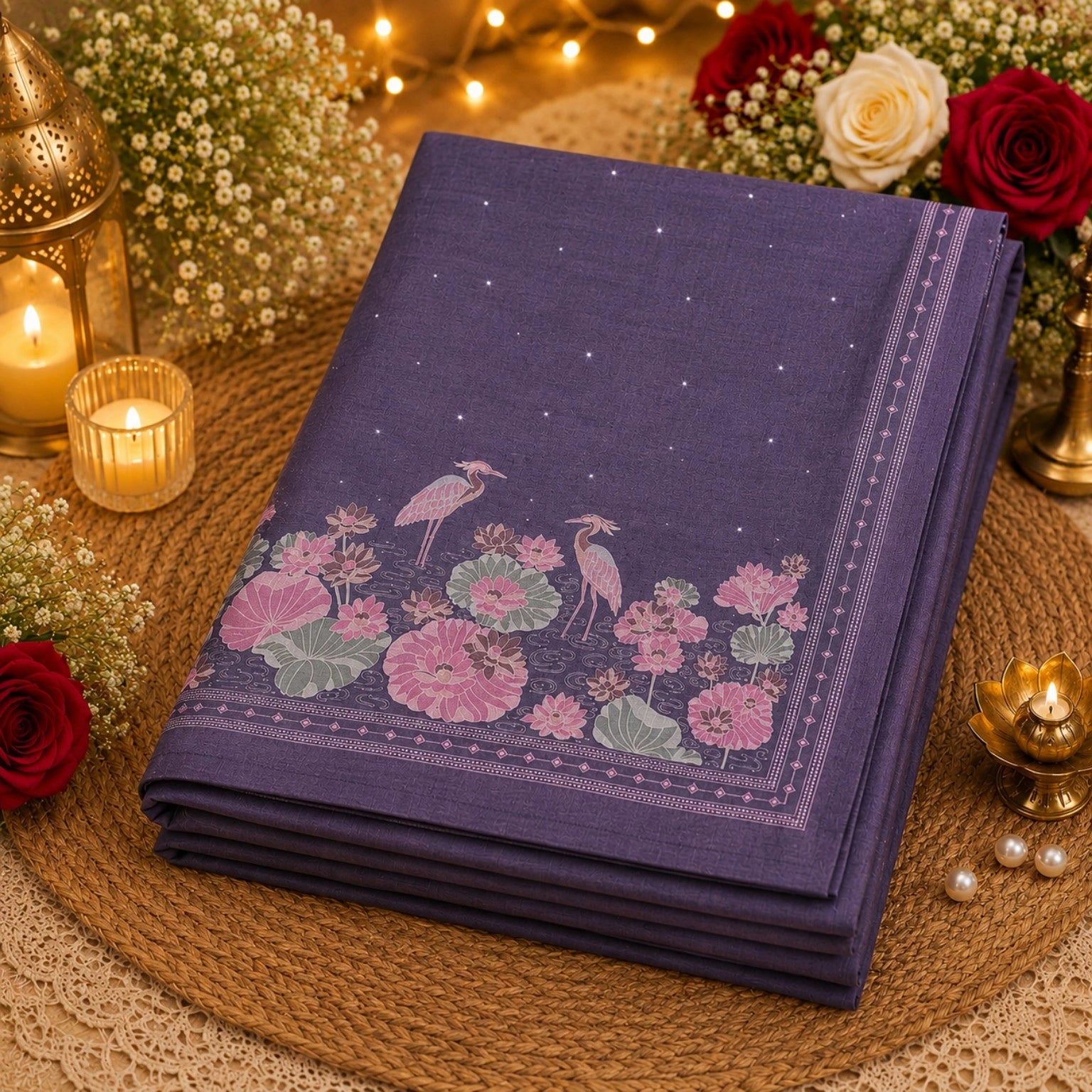 Purple Tussar Boutique Saree with Lotus Pond & Heron Floral Artistic Border